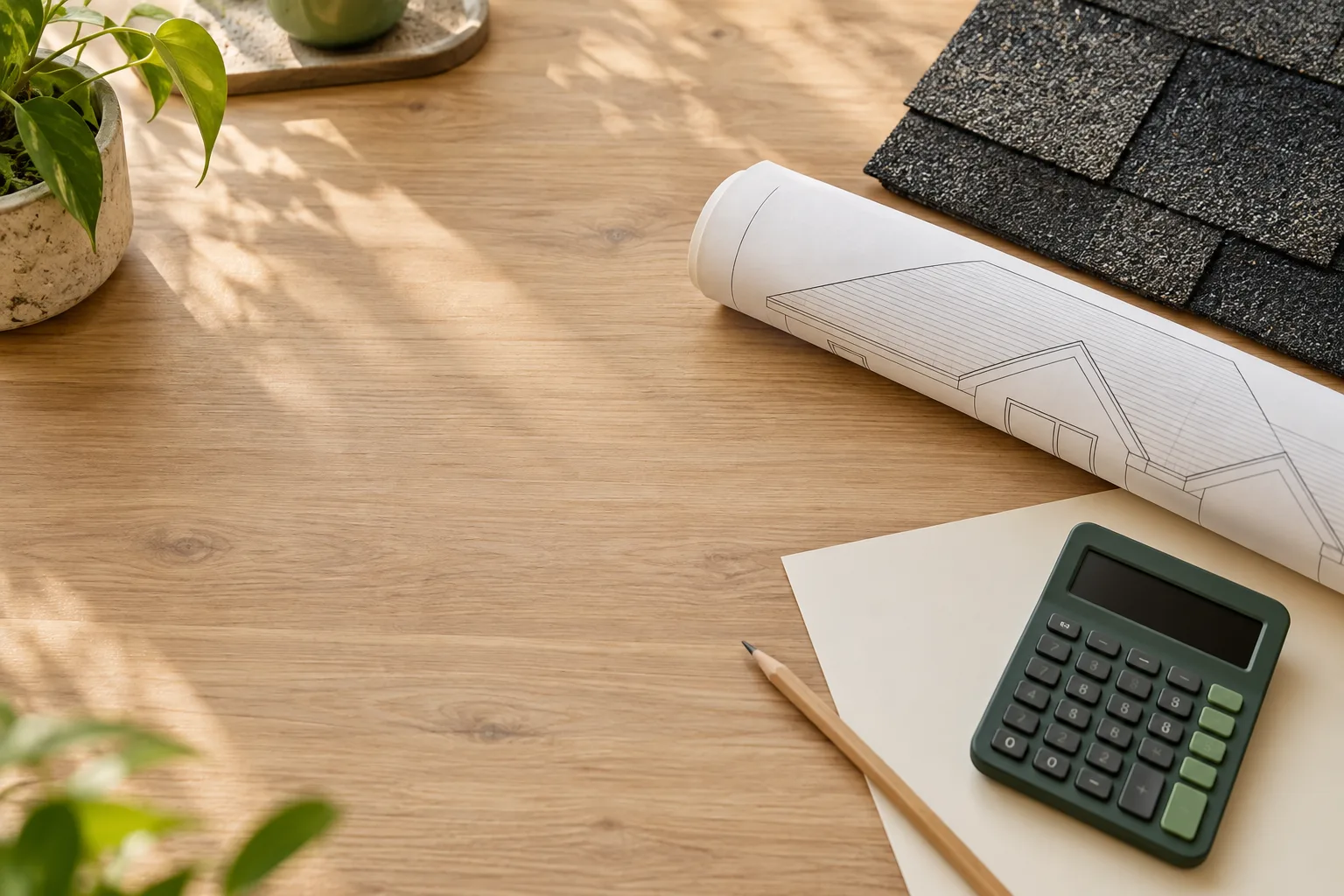 Illustration of shingles, a calculator and a simple roof drawing on a planning table