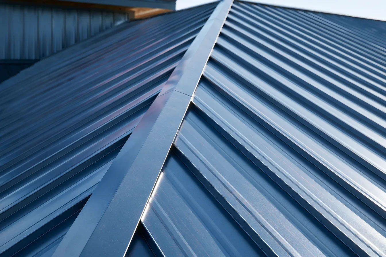 Blue-gray metal roof panels meeting beneath raised trim.